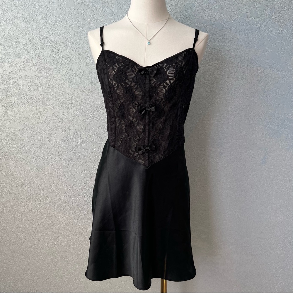Delicates black lace satin slip dress with bows lingerie style — size L